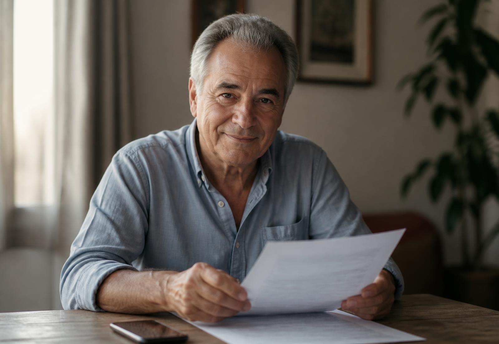 Padre jubilado revisando la documentación de su pensión en casa